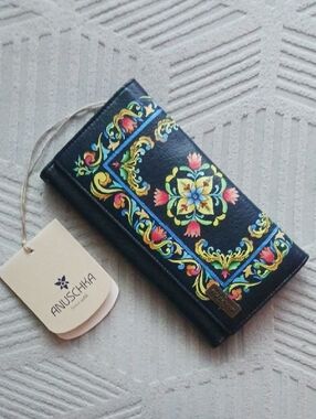 Anuschka Navy Hand-Painted Floral Leather Wallet with Multicolor Accents